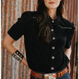 Double D Ranch DDR Faux Suede Fringe Concho Button Up Rodeo Shirt Black Size XL